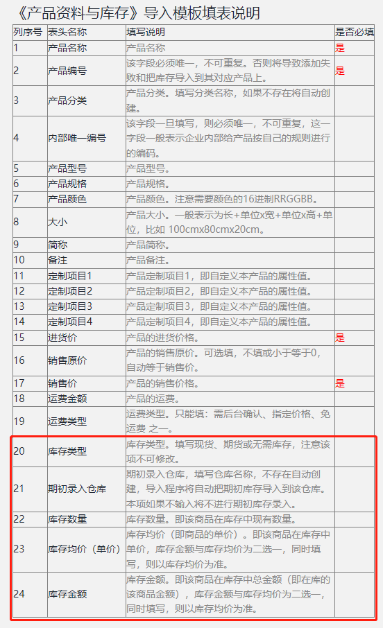 期初入库，可以随产品列表直接导入进销存系统中